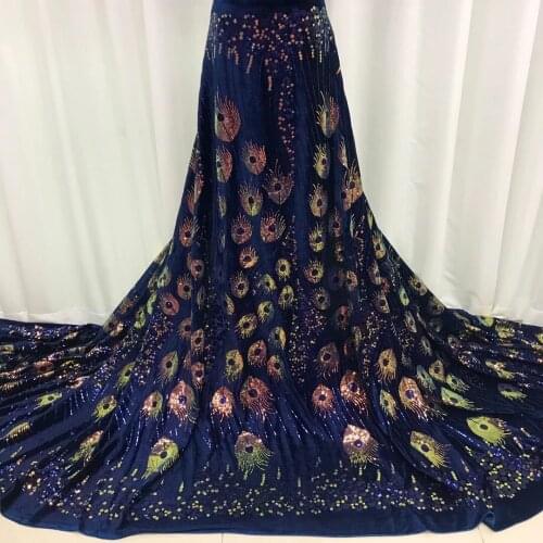 Nigerian Sequins Velvet Lace Fabrics 2021 Blue High Quality African Lace Fabric Wedding French Tulle Lace Material For Dress