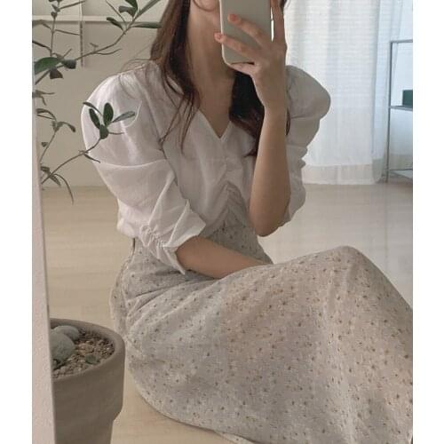 New Girls Summer Blouse Women Suit Shirt Short Sleeves Tops High Waist Long Print A Line Skirts Two Piece Suits Sell Separately