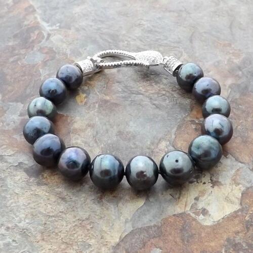 New Natural freshwater aquaculture Black Pearl Bracelet CZ Clasp 8"