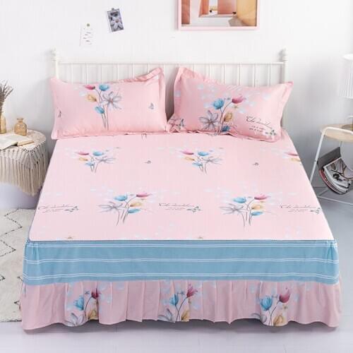 ( New product) Cotton Printed Bed Skirt Pillowcase Korean Lotus Leaf Lace Anti-Skid Bed Cover Sheet Protective Cover Home Decor