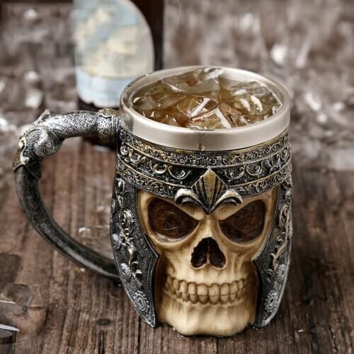 Retro Horn Skull Resin Beer Mug Stainless Steel Skull Knight Tankard Halloween Coffee Cup Viking Tea Mug Pub Bar Decoration