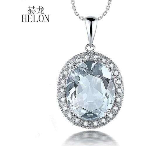 HELON Solid 10K White Gold Flawless Oval 12x8mm Genuine White Topaz Diamond Pendant Women Engagement Wedding Trendy Fine Jewelry