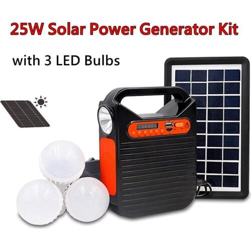 25W USB Charger Home System Solar Power Panel Generator Kit with FM Radio 3 LED Bulbs Light Portable Outdoor Emergency Lighting