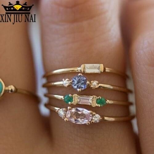 4/ PS Four sets of jewelry Pink Blue Crystal Rings For Women Gold Zircon Simple Boho Rhinestone Rings Bohemian Engagement Rings