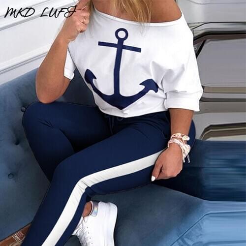 Skew Neck Half Sleeve Anchor Print Top & Colorblock Drawstring Pant Sets Women Casual Two Piece Set Top and Pants Outfits