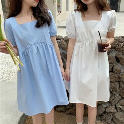 Solid Color Elegant Square Collar Women Dress Summer Puff Short Sleeves High Waist Mini Dress Sweet Woman Cute Short Dress