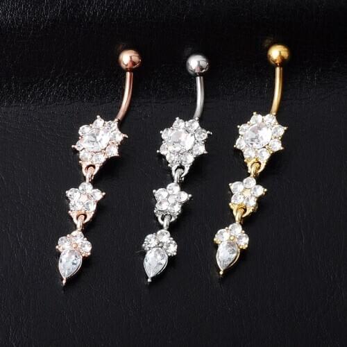 2020 NEW Indian Dangle Belly Bars Belly Button Gold Rings Belly Piercing Crystal Flower Body Jewelry Navel Piercing Rings