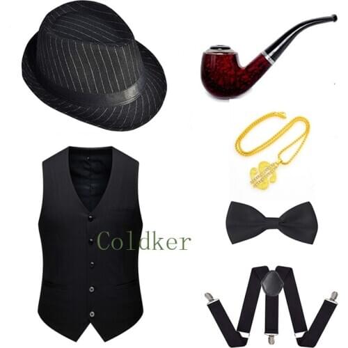 Party Costumes Biggest Size 6XL 1920s Mens Fedora Hat Gatsby Gangster Vest Vintage Plastic Cigar Pre Tied Bow Tie Necklace