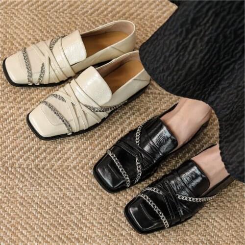 Punk Goth Womens Genuine Leather Square Toe Flats Oxfords Strappy Chain Mules Slippers Ankle Boots 34 35 36 37 38 39 40