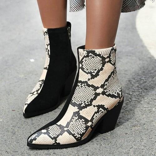 2021 Fashion Ankle Boots Female Comfortable Thick Heel Zipper Womens Shoes Womens Autumn Winter Warm Snake Pattern Short Boots