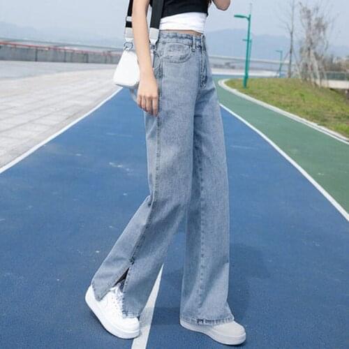 Ankle Split Straight Jeans Women Blue High Waist Streetwear Casual Denim Trousers 2021 Summer Lady Stylish Split Denim Pants
