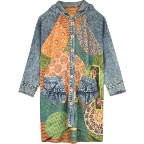 2021 Spring Autumn Hipster Fashion Faux Cashmere Big Pockets Printing Cardigan Green Pattern Knitted Women Denim Winter Coat