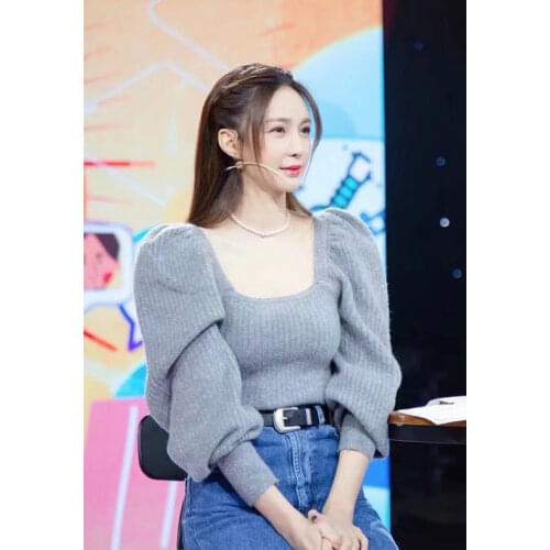 ZA Women Ins Star Style Square Neck Bubble Sleeve Sweater Ladies Slim Knit Shirt Vintage Top Female Pullovers Chic Tops