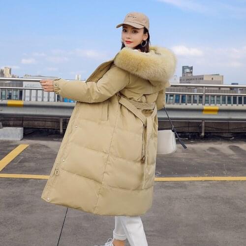 MENINA BONITA 2021 New X-long Winter Jacket Women Real Natural Fox Fur Collar Hooded 90% White Duck Down Coat Loose Outerwear
