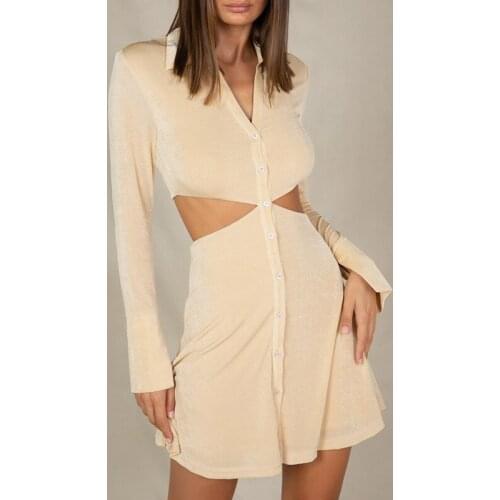 MODX Sexy Hollow Out Long-sleeved Blouse Dress Women Casual Turn-Down Collar Button Dresses Elegant Party Outfits Club Vestidos