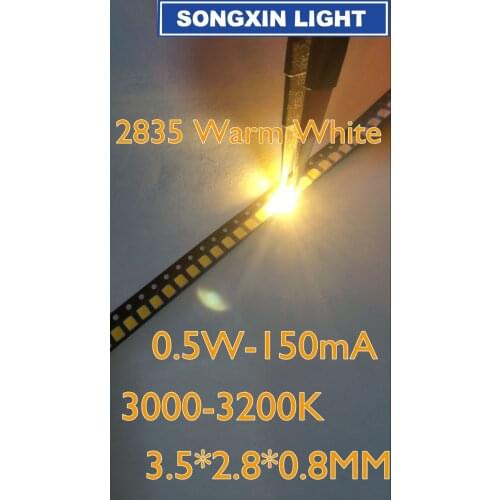 1000pcs 2835 Warm White SMD LED Chip 0.5W 3V 150mA 50-55LM Ultra Bright SMT Surface Mount LED Chip Light Emitting Diode Lamp