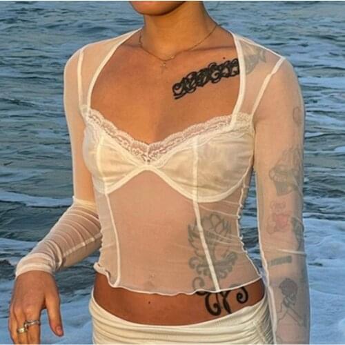 2021 Fashion See Through Mesh Tops Women Long Sleeve V Neck Slim Fit Crop Top Ladies Sexy Lace Patchwork T-Shirt Streetwear