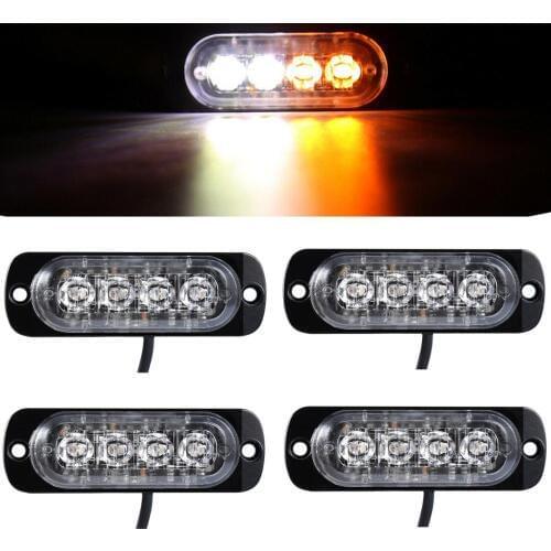 Fuleem 4PCS 4LED Amber and White Car Truck Emergency Beacon Warning Hazard Flash Strobe Light Bar Side Light 12V 24V Waterproof