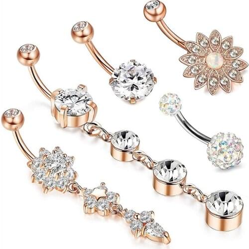 5pcs/set Stainless Steel Belly Button Ring Sunflower Barbell Belly Dangle Navel Ring Piercing Body Jewelry Newest