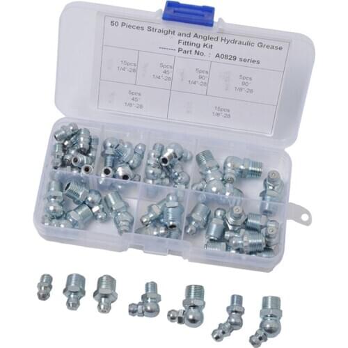 50pcs 1/4" 1/8" Hydraulic Grease Zerk Fitting SAE Kit Straight 90 45 Degree