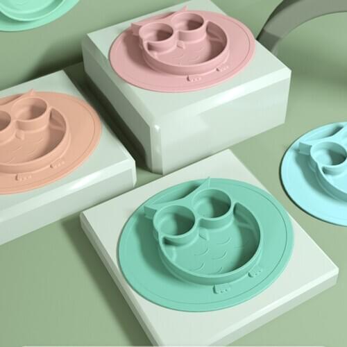 Baby Silicone Dinner Plate Owl Dinner Plate Childrens Dinner Plate Non-slip Grid Complementary Food Dinner Plate