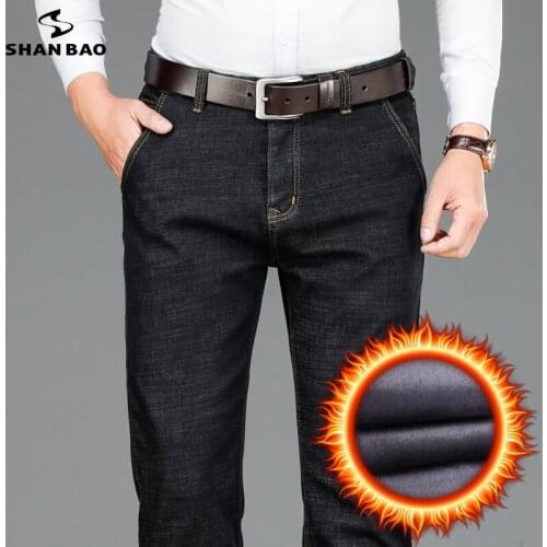 Classic leather mens business casual Straight fit jeans winter brand clothing fleece thick warm high-quality cotton denim jeans