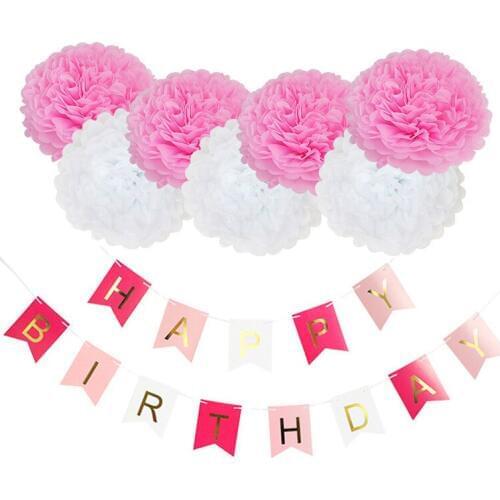 HAOCHU 8pcs/set 12'' White Pink Tissue Paper Pom Pom Paper Banner Garlands for Baby Shower Birthday Party Decoration Photo Props