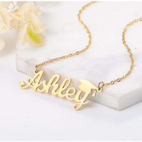 Custom Name Necklace Stainless Steel Nameplate Pendants Bachelor Cap Shape Personalized Letter for Women Graduation Jewelry Gift