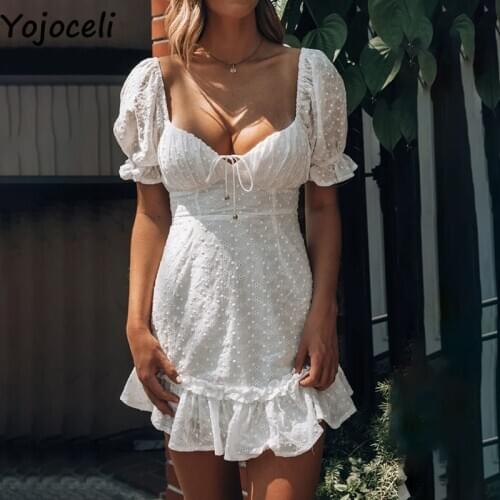 Yojoceli Ruffle white embroidery summer dress Fashion vintage short sweet dress Casual daily beach sexy dress women vestidos