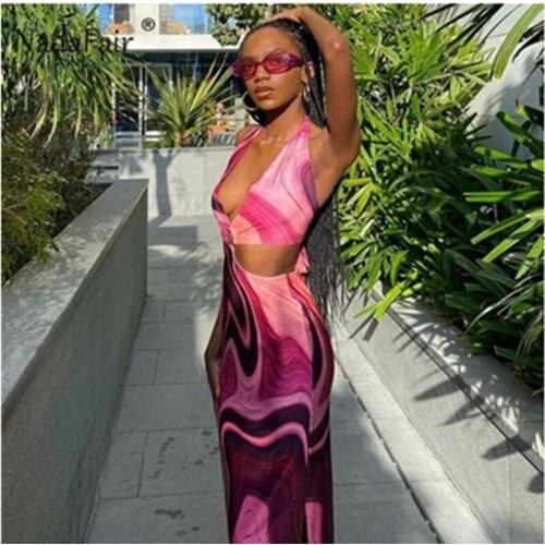 Summer Halter Whirlpool Dress for Women Hollow Out V Neck Sexy Dress Beach Fashion Backless Red Midi Bodycon Dress 2021 Female