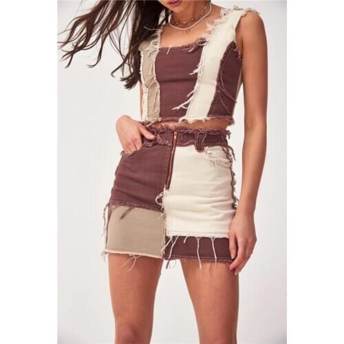 Summer High Waist Denim Skirts Women Fall Short Mini A-line Sexy Skirts Female Tassel Patchwork Denim Skirts Button Pocket Skirt