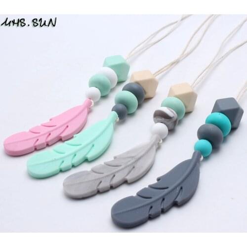 MHS.SUN Fashion Mommy Silicone Beads Feather Necklace Baby Food Grade Teething Necklace Silicone Nursing Jewelry Chewable Soft