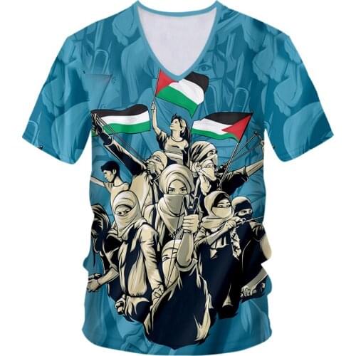 UJWI Men 3D Printing Tee Islam Short-sleeved Polyester Breathable Tshirt Fight For Freedom Palestine V-T-shirt Army Flag Victory