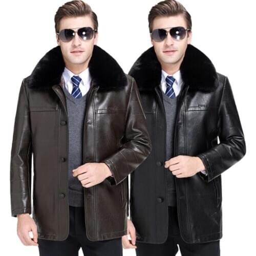 Mens leather jacket slim motorcycle Middle-aged coat men jackets plus velvet thicken clothes jaqueta de couro autumn fur collar