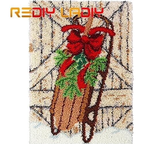 Latch Hook Kits Make Your Own Rug Christmas Sleigh Crocheting Cushion Mat DIY Carpet Rug Set Acrylic Yarn Printed Canvas Crafts