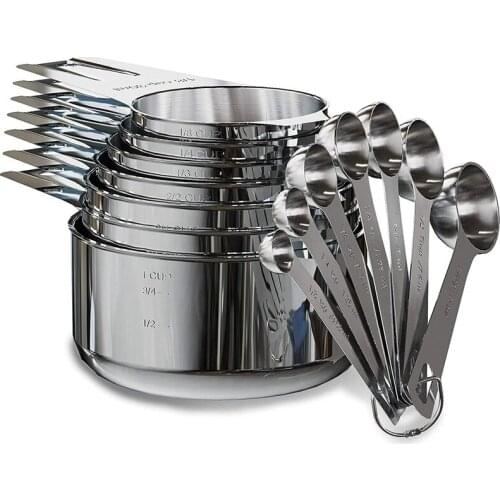 Stainless Steel Measuring Cups And Spoons Set Of 14 Pieces,7 Nesting Cups And 7 Stackable Spoons Professional Portable