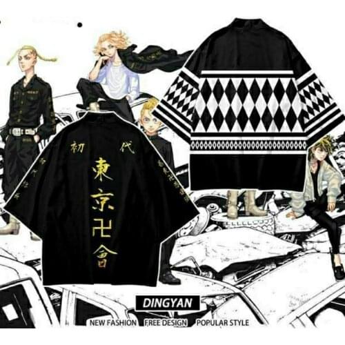 Anime Tokyo Revengers Cosplay Cloak Black White Top for Summer Hanagaki Takemichi Ken Ryuguji Haori Kimono Tee Men Short-sleeve