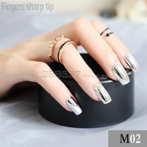 24 pcs Personality New metal fake nail Silver Punk Solid metal wind long metal False Nails Full Artificial Multi-color optional