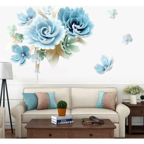 3d Blue Flower Wall Stickers Teen Room Decoration Aesthetic Home Decor Living Room Art Poster Decals Modern Bedroom Wallpaper