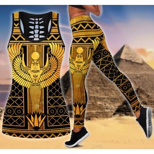 New Polynesian Tattoo Pattern Two Piece Yoga Set Women 3D Print Vest Hollow Out Tank High Waist Legging Summer Casual Sport Tops