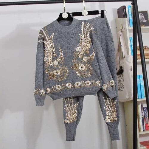 Autumn Casual Knitted Tracksuit Set Women Manual Beaded Sequin Flowers Pullover Sweater Pencil Pants Outfits Female Knit 2pc Set