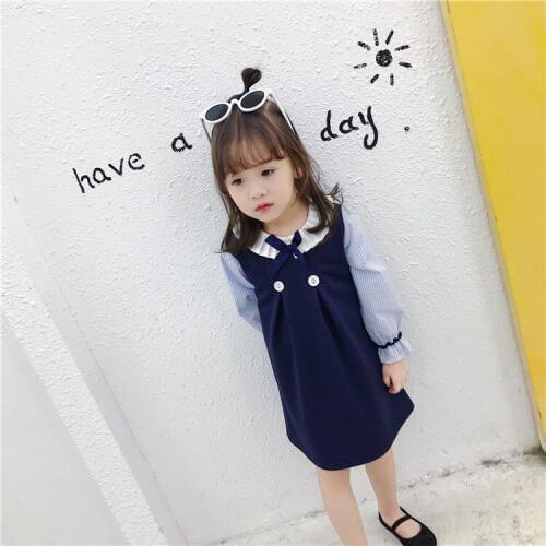 Girls dress spring and autumn 2019 new college wind dress spring 1 small and medium girls foreign air fake two-piece dress