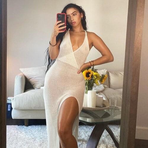 Beach cover up,Summer crochet sexy backless sleeveless v neck hollow perspective split asymmetrical floor-length dress,Pareo