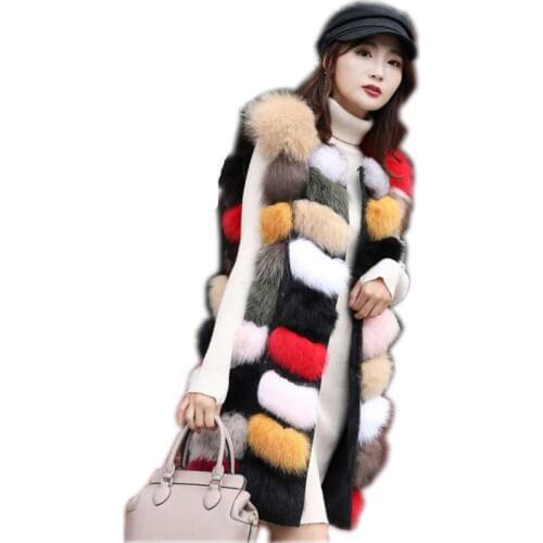 Multicolor Long Natural Fox Fur Coat Genuine Fur Vest Winter Real Fox Fur Coat Seamless Stitching Luxury Fur Clothing