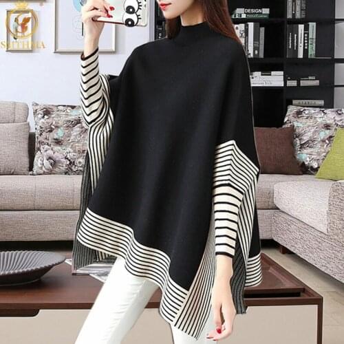 SMTHMA New Autumn And Winter Women Sweaters Poncho Knitting Capes Cloak Female Sweater Turtleneck Stripe Loose Knitted Pullovers