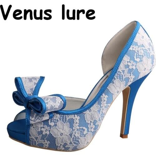 23 Colors) Peep Toe High Heels Wedding Blue Satin and White Lace with Platform Size 7