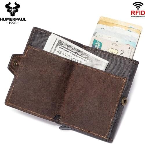 Slim RFID Blocking Credit Card Holder Wallet Security Information Aluminum Bag Crazy Horse Leather Pop Up Bank Cardholder Case