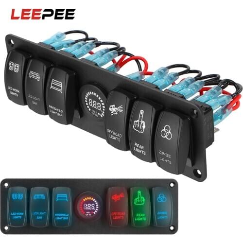 LEEPEE Waterproof Combination Voltmeter On-Off 6 Gang Rocker Switch Panel LED Voltage Display 12-24V for RV Car Marine Boat