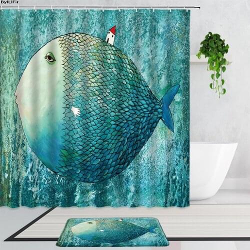 Cartoon Fish Shower Curtains Set Funny Creative Fish House Blue Fabric Bathroom Decoration Bath Curtain Non-Slip Carpet Mats Rug
