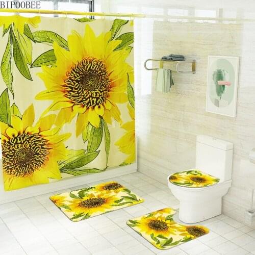 Sunflower Shower Curtain for Bathroom Decor Durable Polyester Fabric Bath Curtains Washroom Non-slip Mat Toilet Cover Rug
